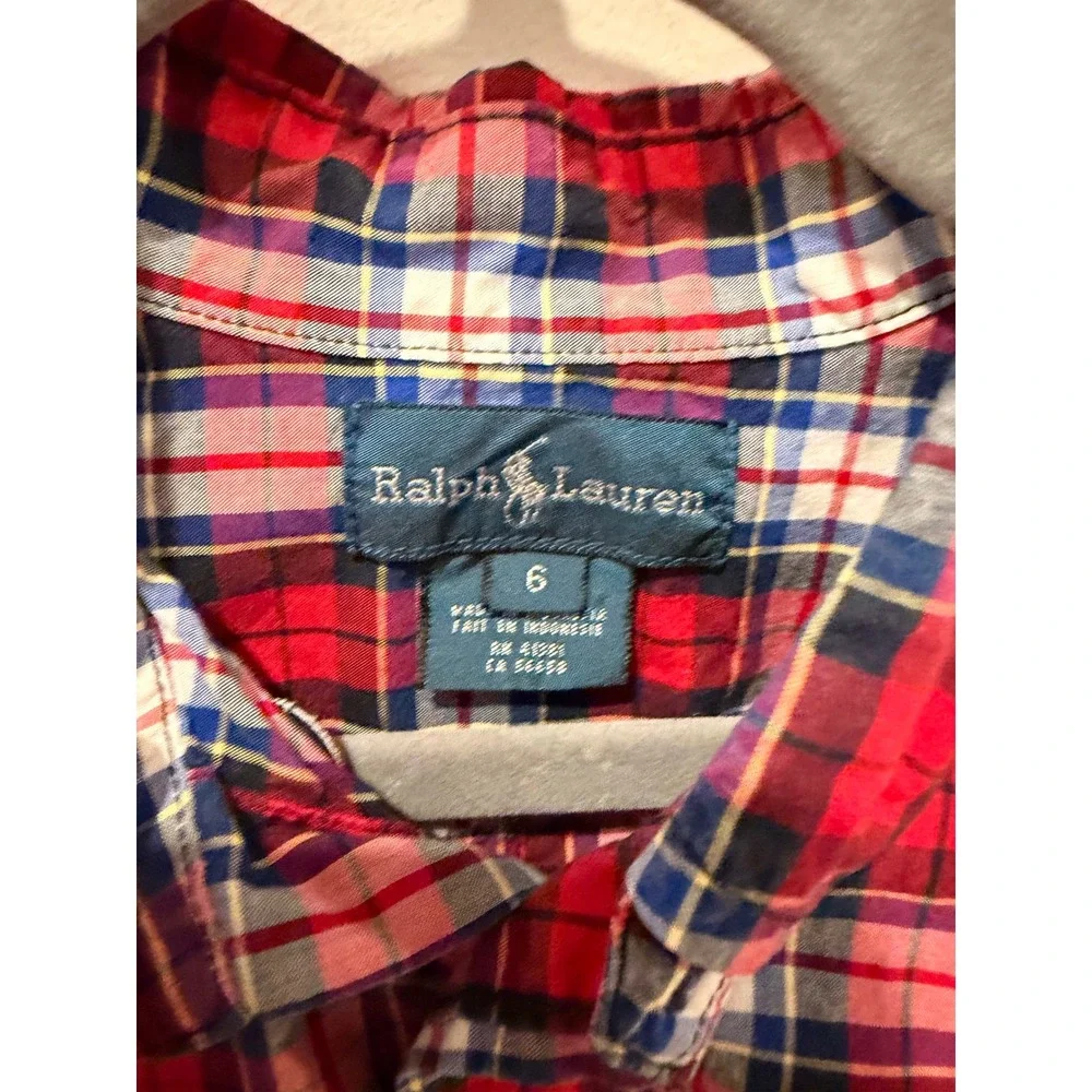 Ralph Lauren Kids Red Blue White Plaid Cotton Button Down Shirt Size 6